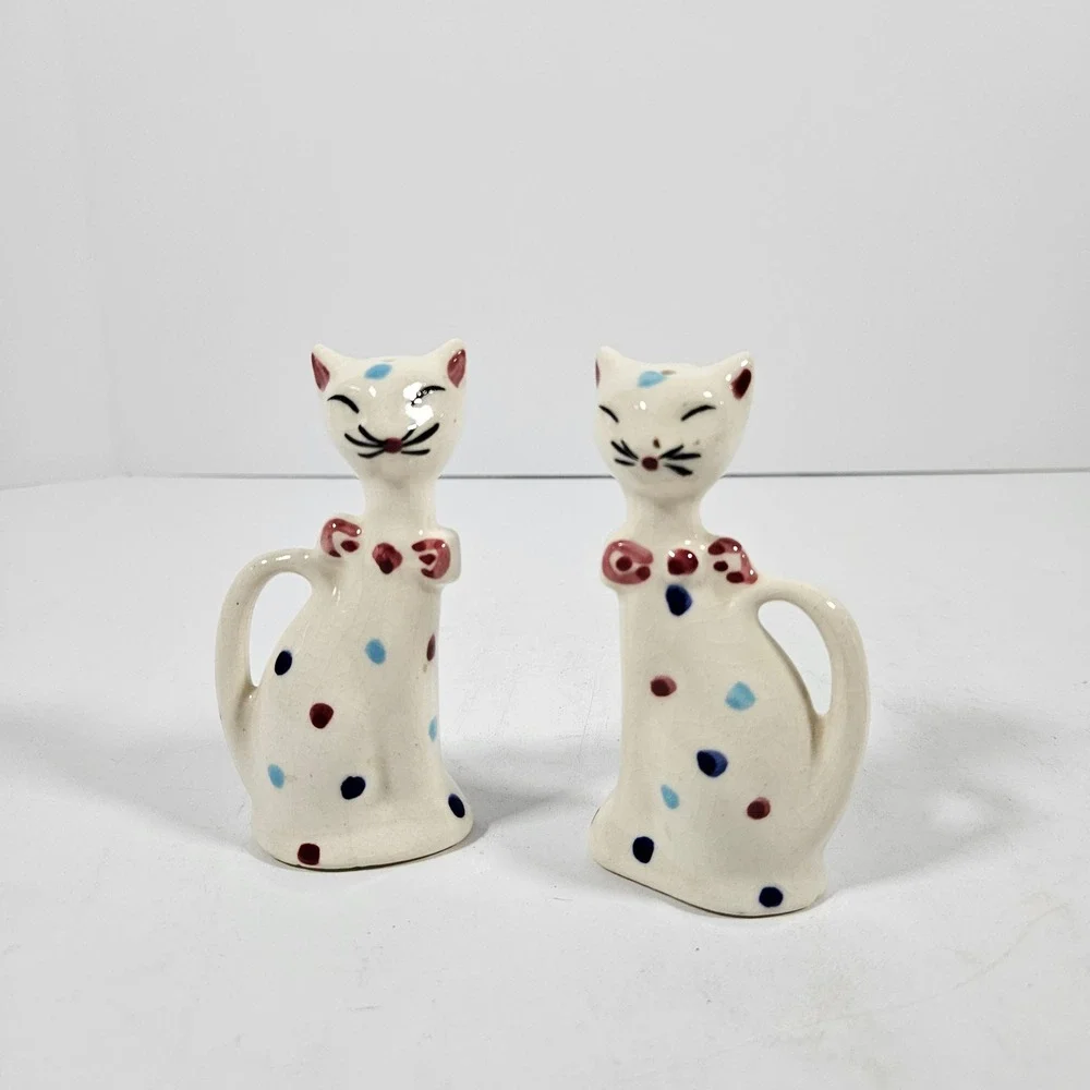 Vintage Ceramic Cat Salt and Pepper Shakers 2 Sets Polka Dot and Calico Feline